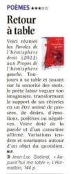 AUJOURD’HUI MA TABLE de Jean-Luc Godard – CRITIQUE dans le journal L’AVENIR